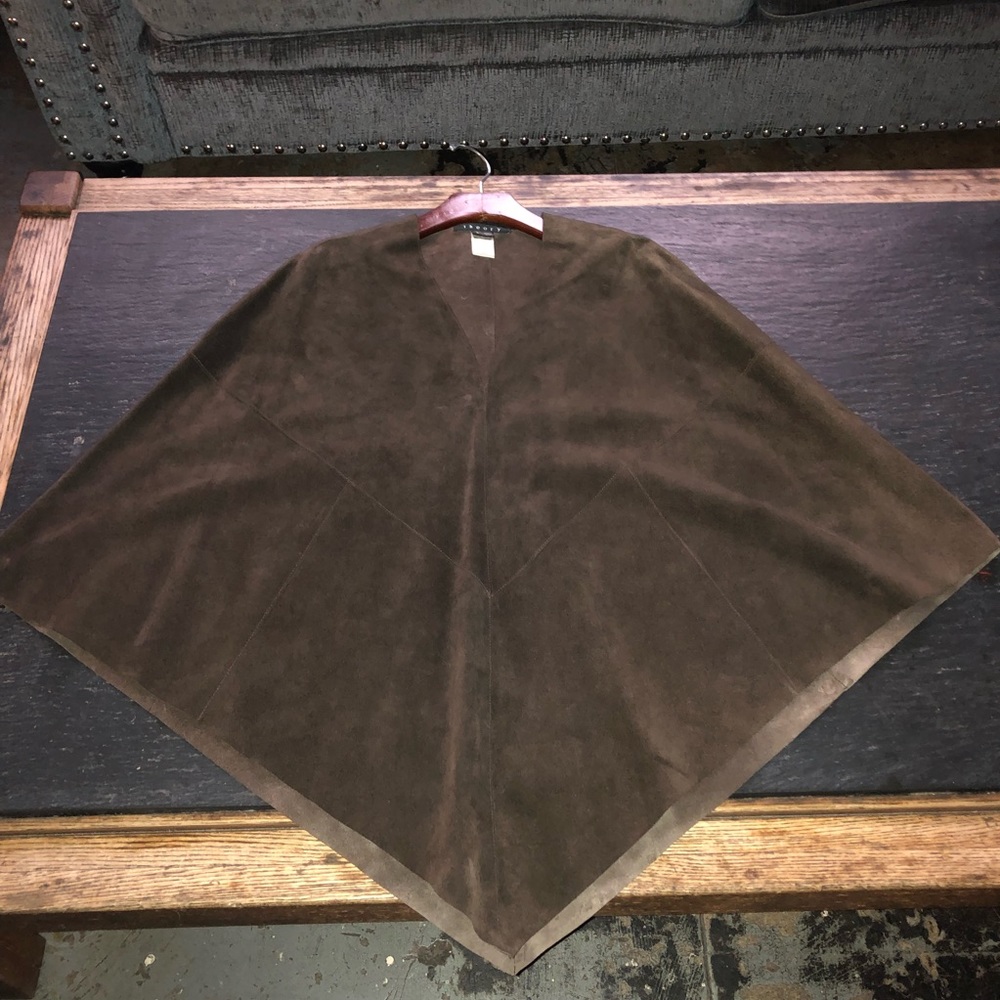 Theory] Dark Chocolate Leather Cape Poncho Jacket - Picture 2 of 9